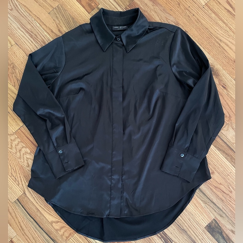 Lane Bryant Black Satin Dress Shirt Classic Long Sleeve